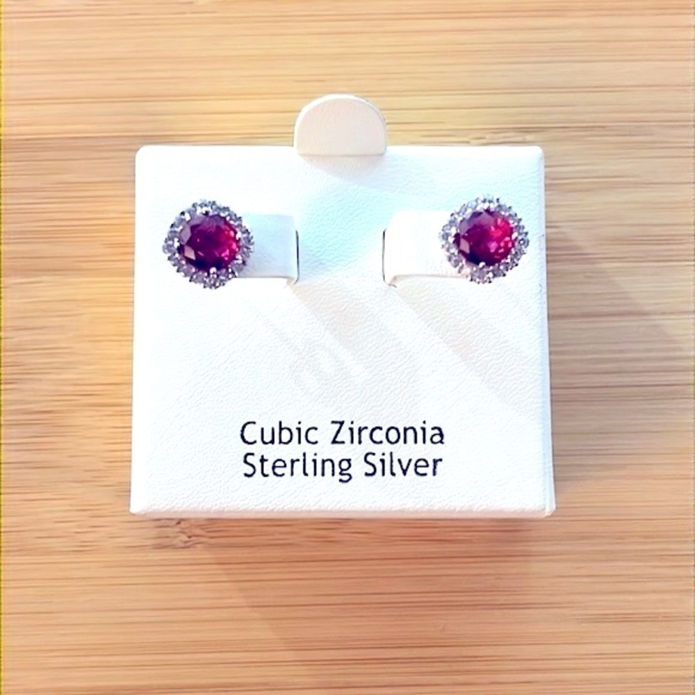 Brand New Sterling Silver Post Earrings Pink Gem Cubic Zirconia Studs